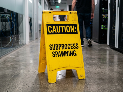 Yellow wet-floor-style caution sign in a server room reading "CAUTION: SUBPROCESS SPAWNING"